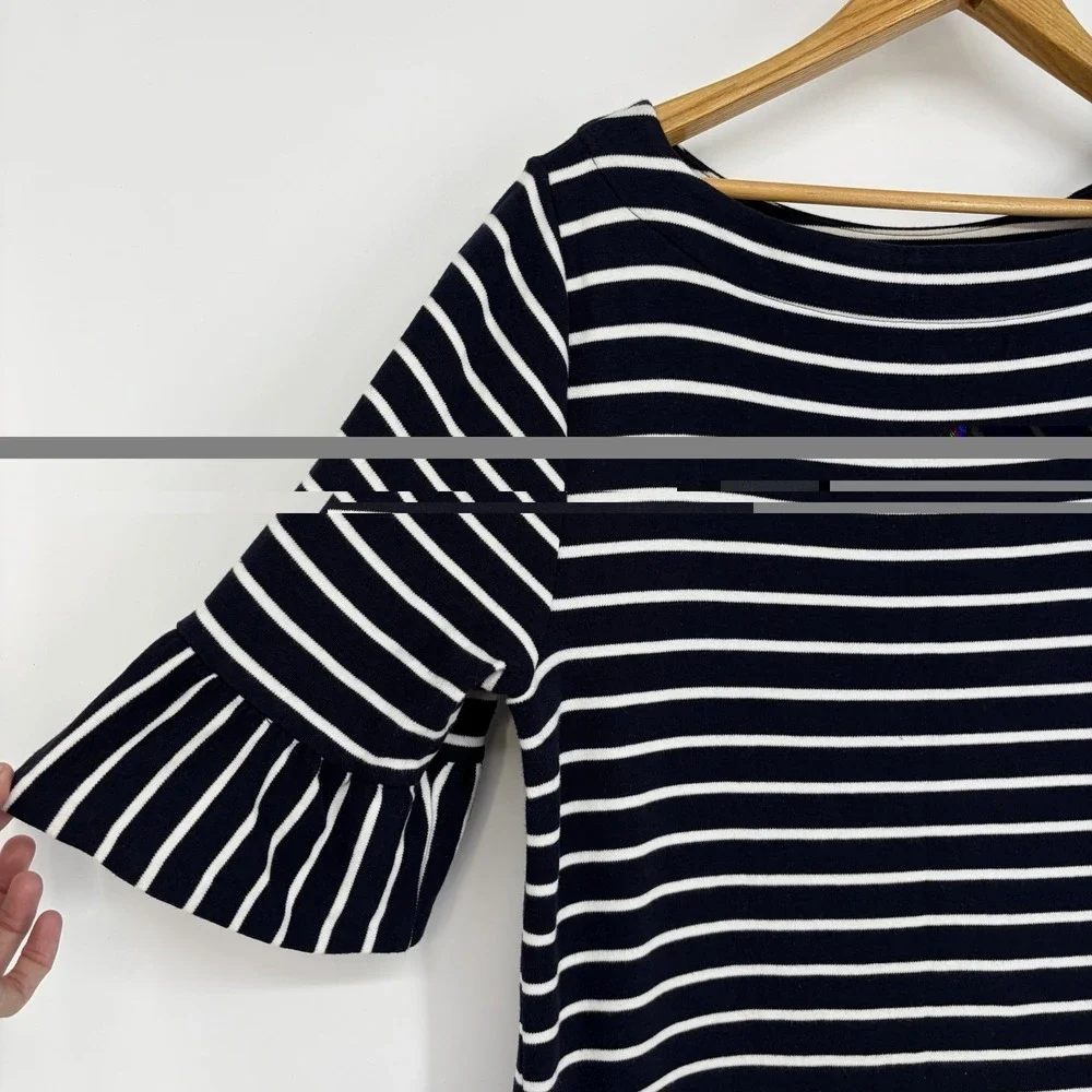 Talbots Striped Bell Sleeve Shift Dress XL Cotton Navy White Nautical Summer - Picture 7 of 10